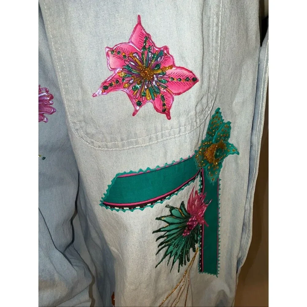 Basic Editions Oversized Denim Shirt 3X – Hand Embellished Floral & Butterfly We
